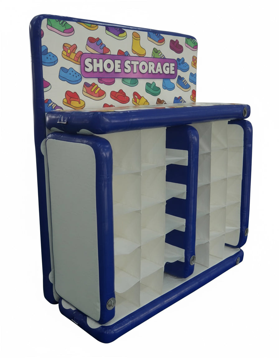 Shoe storage unit with colorful shoe design on top, indoor setting