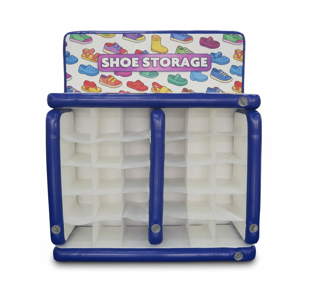 Shoe storage unit with colorful shoe illustrations on a white background