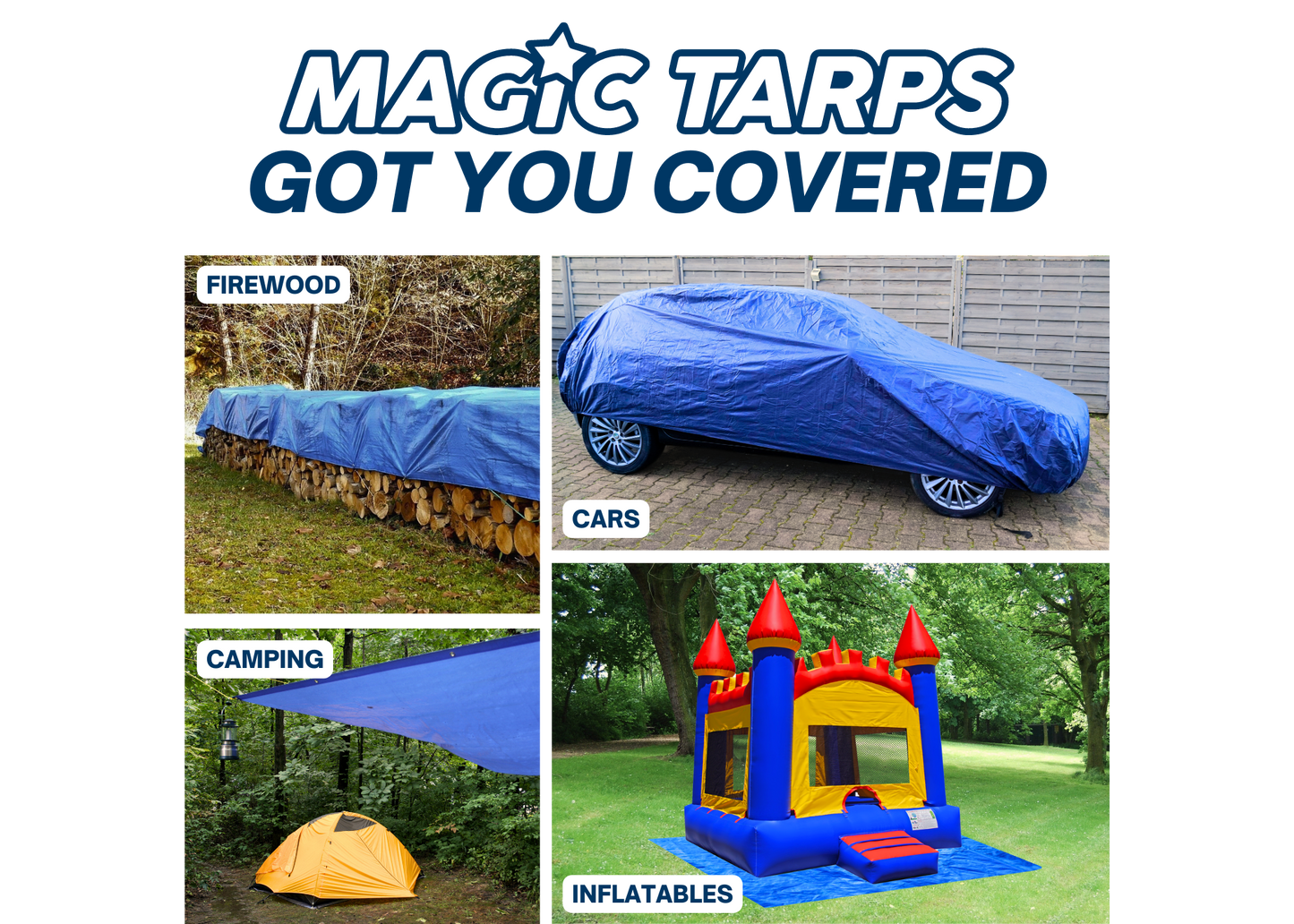 Durable tarp for covering vehicles, firewood, inflatables, and outdoor gear, highlighting versatility and weatherproofing | The Jump Pad