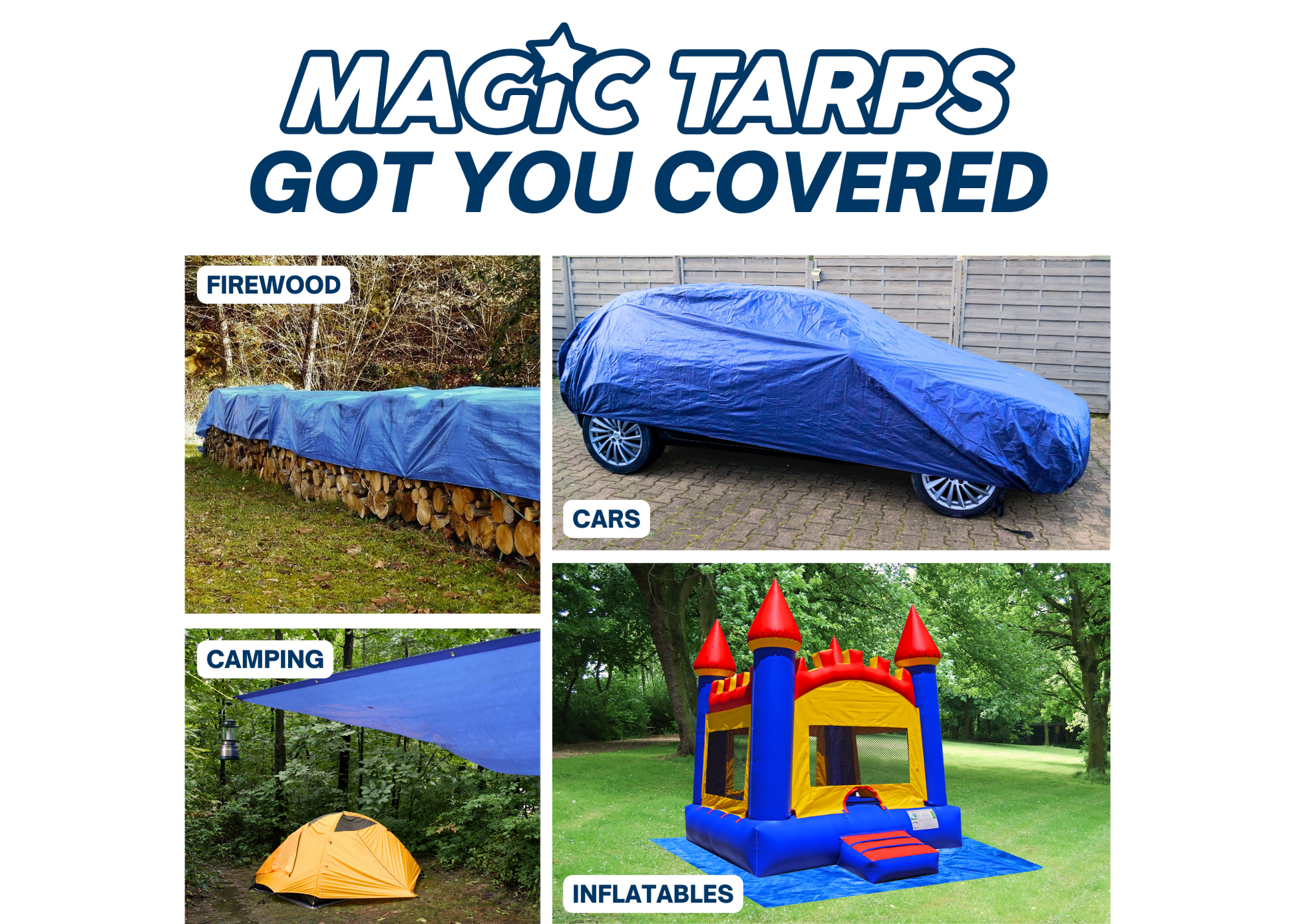 Durable tarp for covering vehicles, firewood, inflatables, and outdoor gear, highlighting versatility and weatherproofing | The Jump Pad