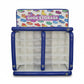 Shoe storage unit with colorful shoe illustrations on a white background